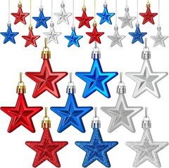 Festive 24PC Patriotic Star Decorations in Red, Silver & Blue – Pre-Hung Design