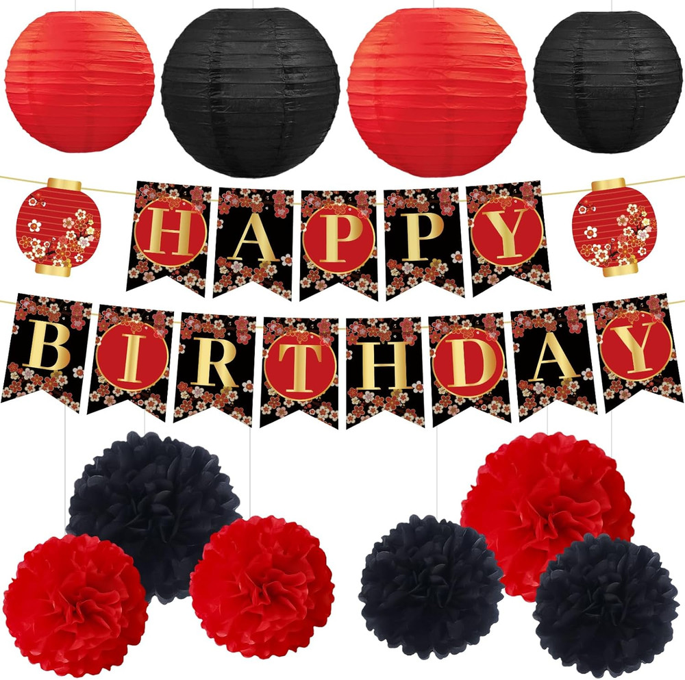 Hibachi Birthday Party Decorations – 12 Pcs Pre-Strung Red Black Gold Cherries F