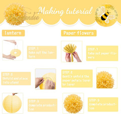 Bee Party Decorations, 12PCS Yellow Hanging Paper Lanterns Tissue Pom Poms Decor