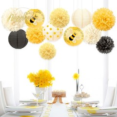 Bee Party Decorations, 12PCS Yellow Hanging Paper Lanterns Tissue Pom Poms De…
