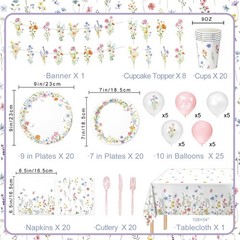 LINHAXM 175 PCS Spring Wildflower Party Decorations include Pink, White