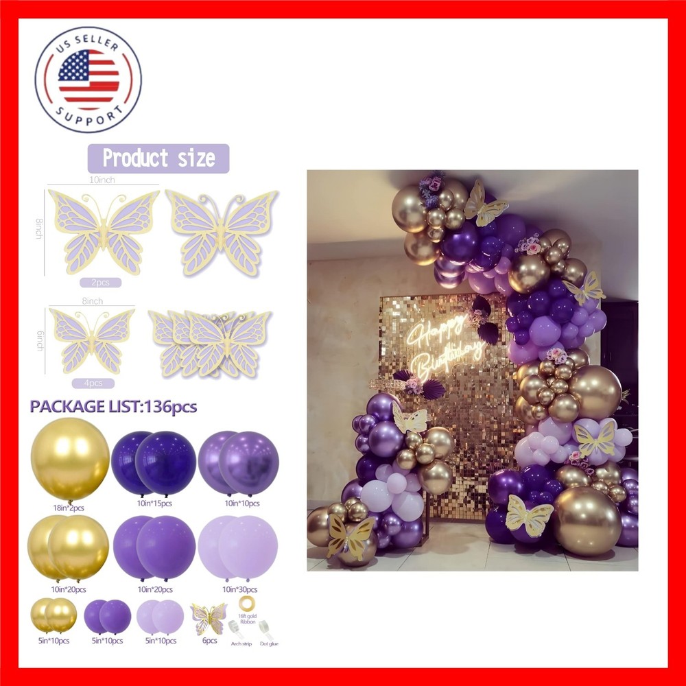 Purple Balloon Garland Kit With Butterfly Dark And Gold Arch Lavender Light D…