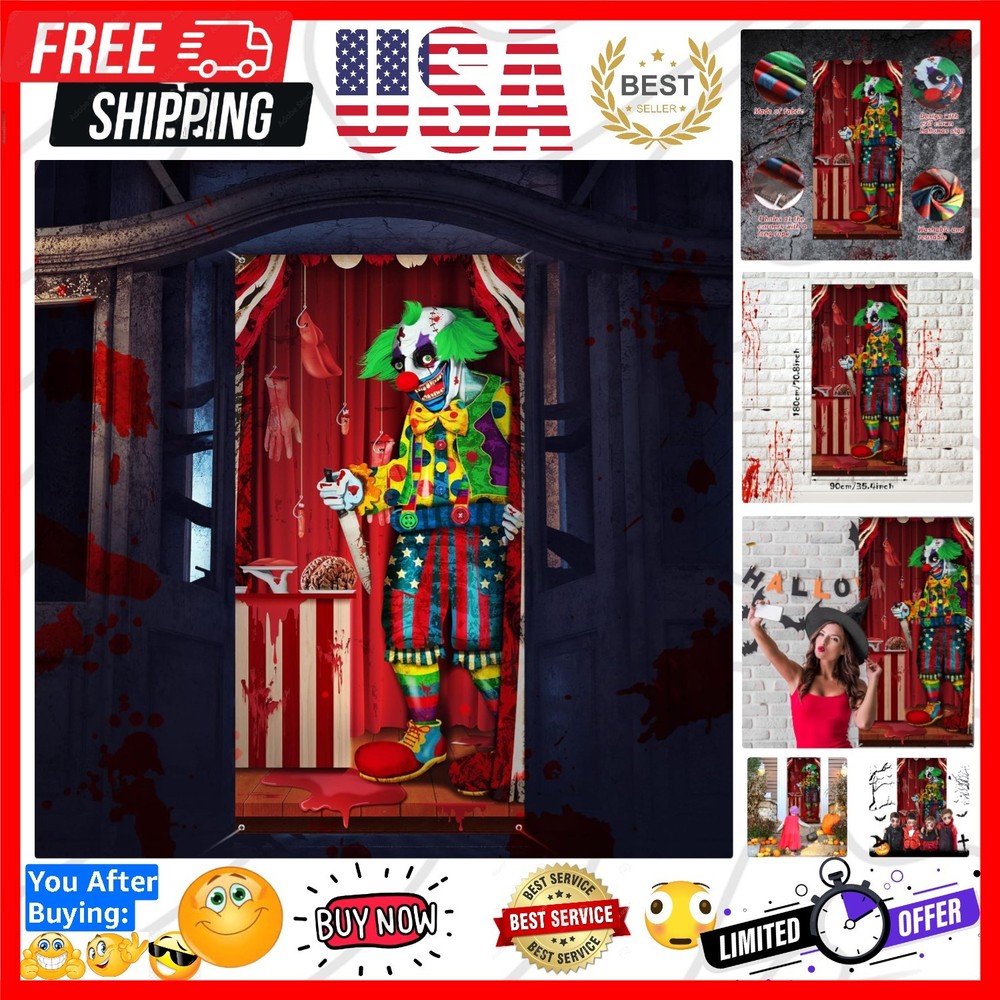 Evil Clown Door Cover – Fabric Halloween Banner Backdrop – 70.9 x 35.4 Inch -…