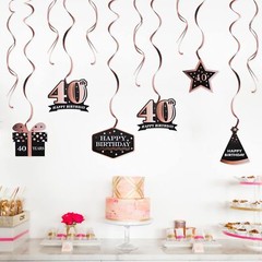 Happy 40th Birthday Decorations 12 Pcs Black Rose Gold Foil Swirls Forty Years