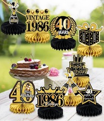 Elegant 40th Birthday Decorations – 9-Pc Black & Gold Honeycomb Centerpieces