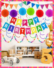 Happy Birthday Party Decorations – Colorful Happy Birthday Banner Swirl Streamer