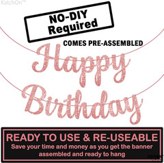 Glitter Rose Gold Cursive Happy Birthday Banner – Pre-Strung 10 Feet | Pink Happ