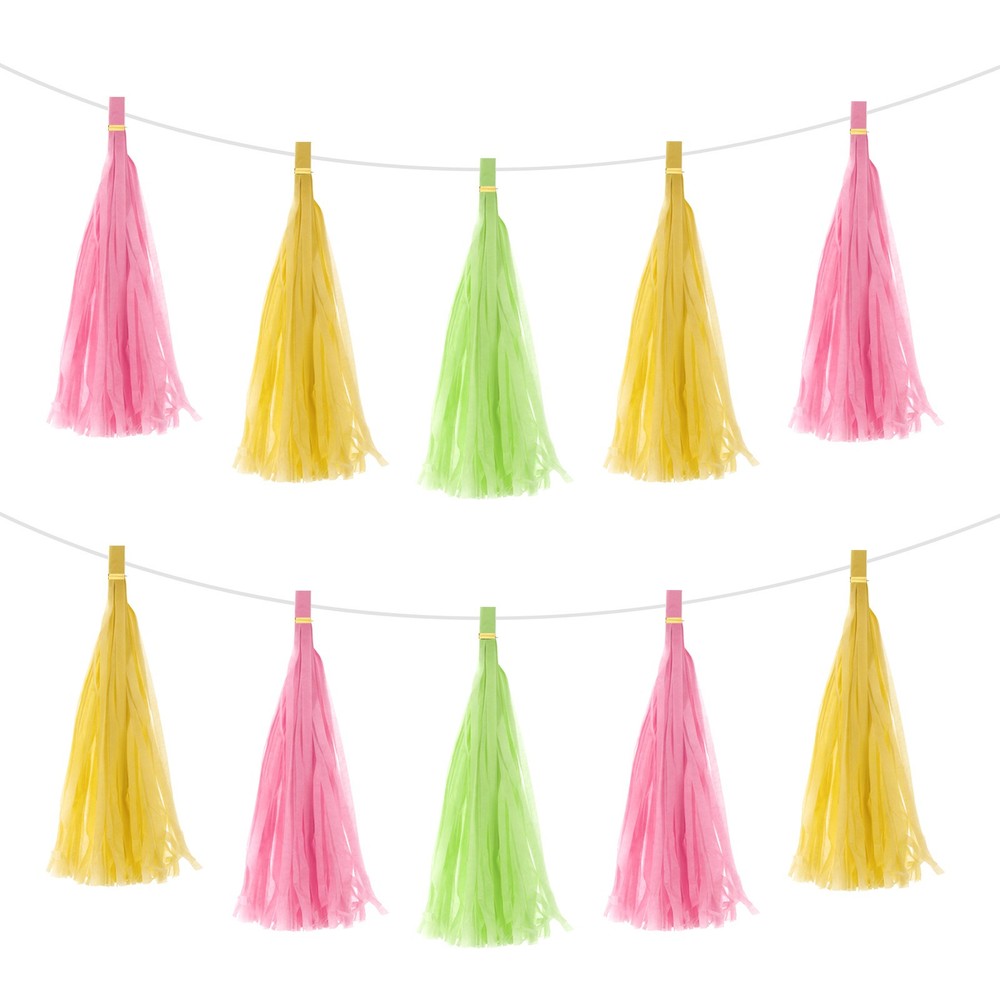 15Pcs Bright Yellow, Glass Green, Pink Tassel Garland Banner with Rope