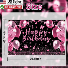 Pink & Black Happy Birthday Banner Backdrop 6×3.6ft Decorations Men Women Kids