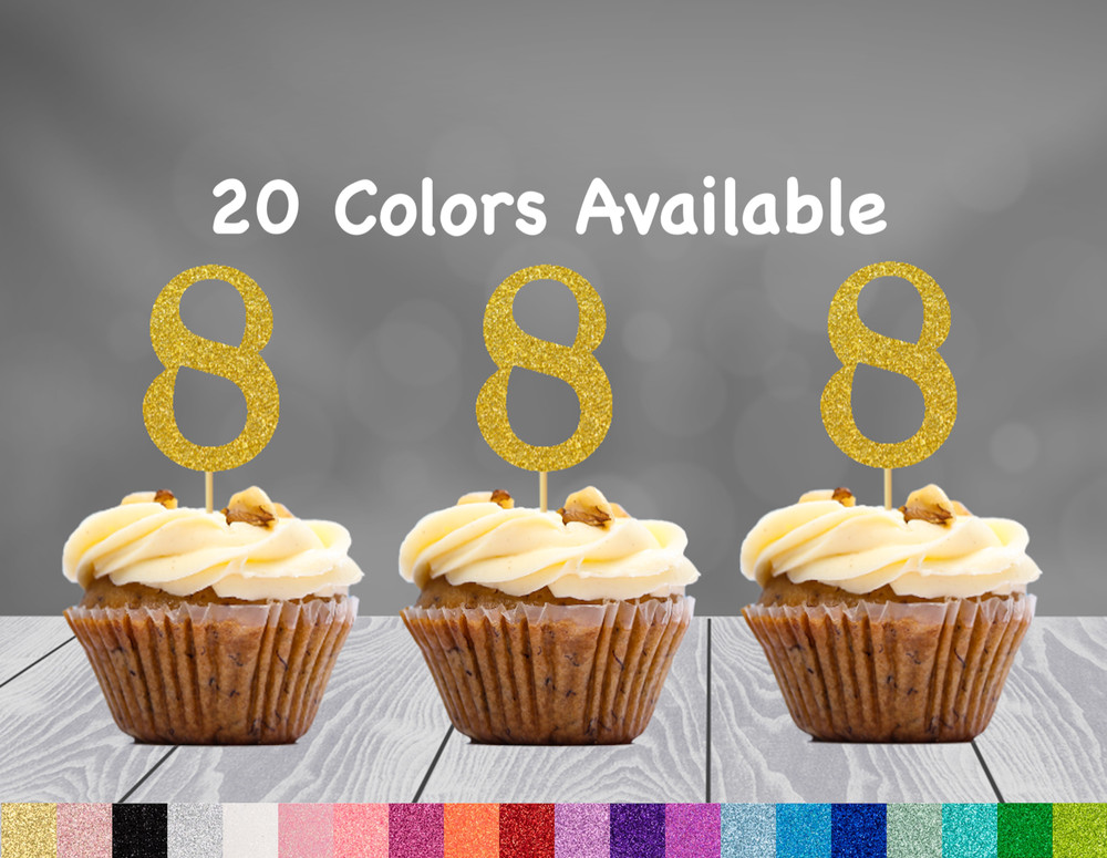 8th Birthday Decoration Cupcake Toppers (SET of 12) 20 Glitter Colors Available