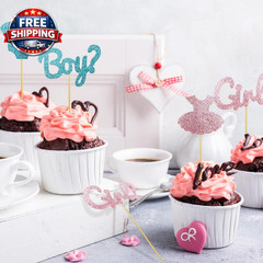 16 Pack Boy or Girl Theme Cupcake Toppers for Gender Reveal, Baby Shower, Birthd
