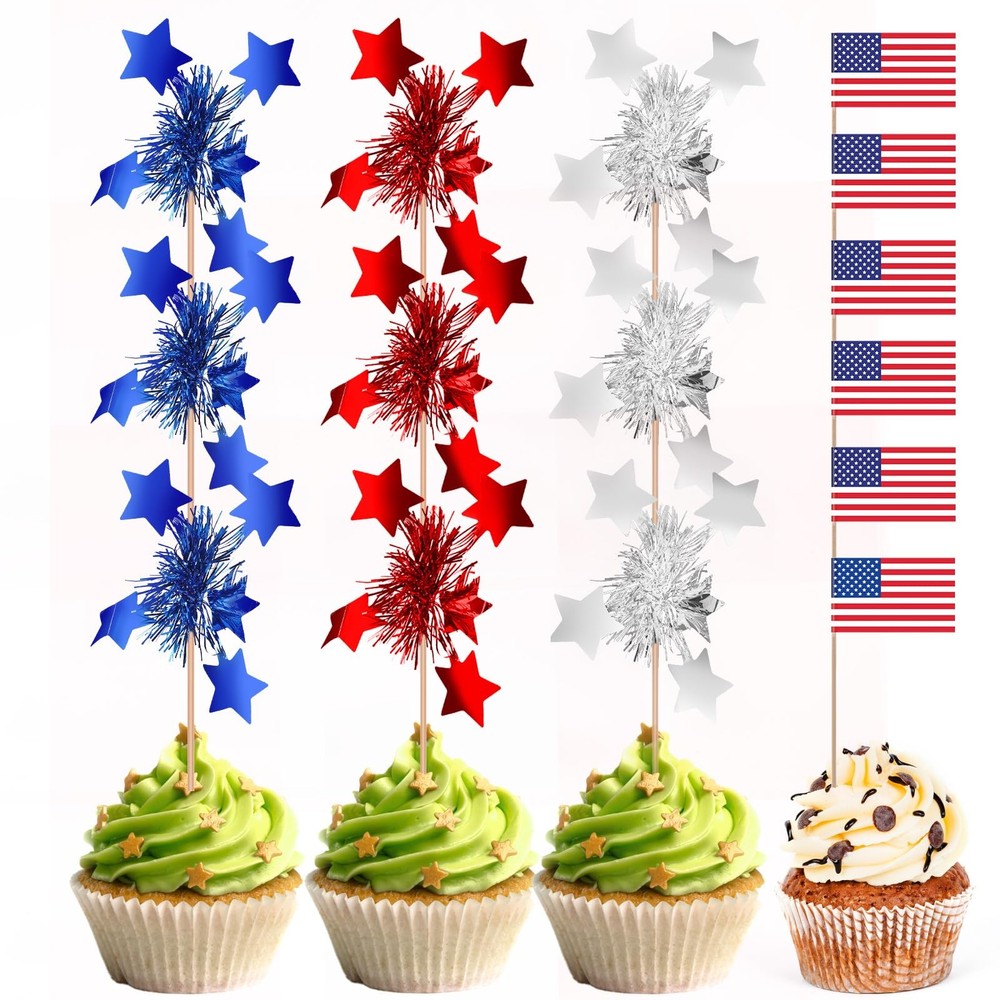BOARDFEB 160Pcs 4th of July Cupcake Toppers, Patriotic Foil Firework Toothpic…