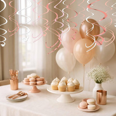 Pink Hanging Swirl Decorations for Party – 42PCS Rose Gold Foil Ceiling Streamer