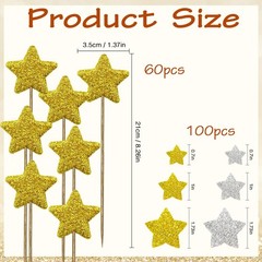 160 Pcs Gold and Silver Star Decor Set with Flat Star Picks and Mixed Sticker…