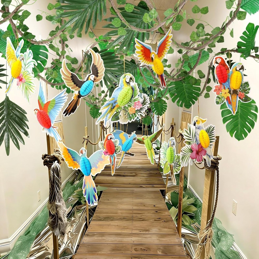36 PCS Rainforest Party Deco Hanging Tropical Birds w/Jungle Leaves Garland