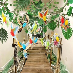 36 PCS Rainforest Party Deco Hanging Tropical Birds w/Jungle Leaves Garland