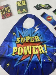 NEW 3 Super Hero/Power Birthday Party Favors w/ Cape, Mask, Belt Green Blue Red