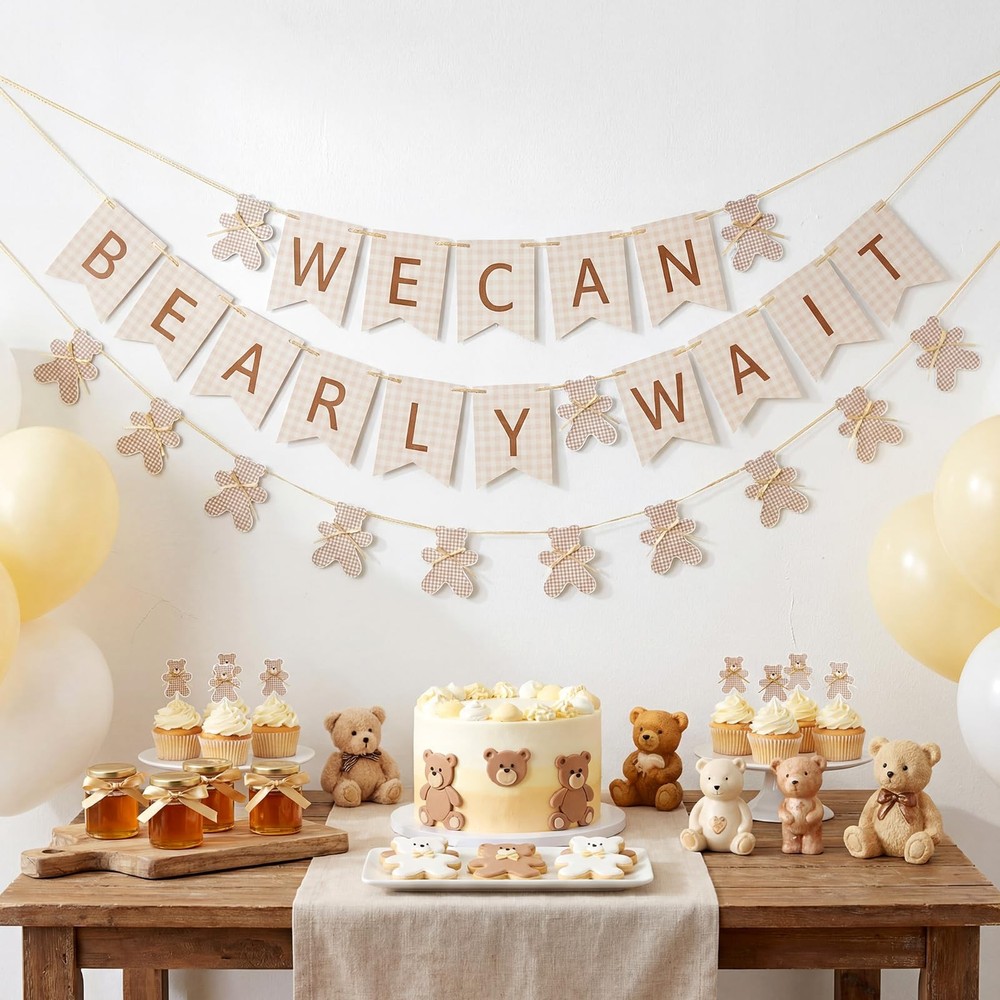 2 Pcs Beige Brown We Can Bearly Wait Banner Neutral Bow Bear Baby Shower Part…