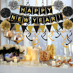 Happy New Year Set Black Banner with Gold Black Paper Flag Bunting Swirl Streame
