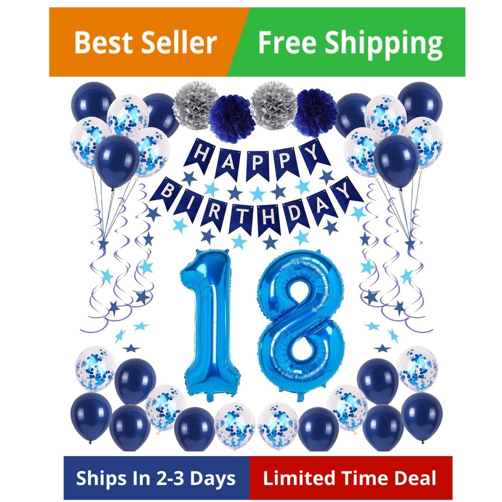 18th Blue Birthday Party Decorations for Boys Girls, Happy 18 Birthday Balloo…