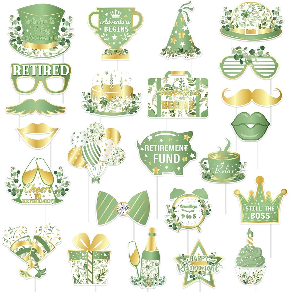 24 PCS Green Retirement Photo Booth Props Greenery Selfie Party Supplies Men