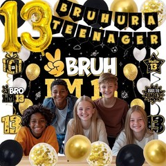 13th Decorations for Boys Girls, Black Gold Bruh Ur A Teenager Party Decorati…