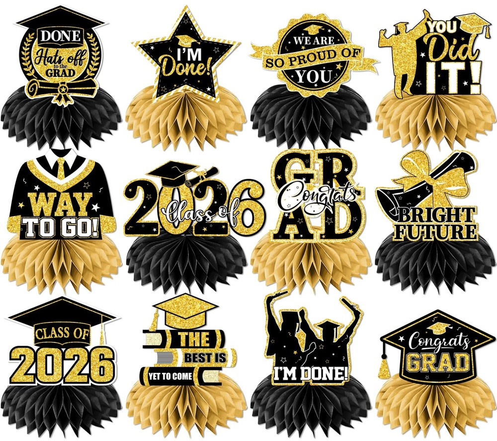 Black Gold Glitter Congrats Grad Class Of 2026 Honeycomb Centerpieces 12PK