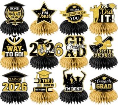 Black Gold Glitter Congrats Grad Class Of 2026 Honeycomb Centerpieces 12PK