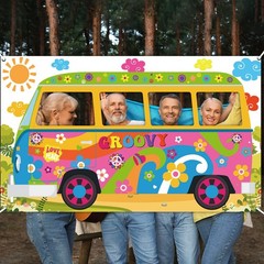 60s Hippie Bus Photo Prop Backdrop Fabric Retro Groovy Van Selfie Frame Banner