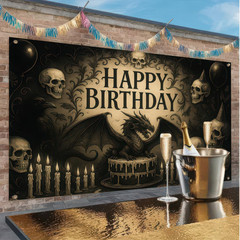 Birthday Banner 71 X 43 Inch, Large Gothic Dragon Happy Birthday Party Backdrop,
