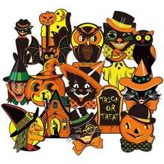 48 Pcs Vintage Halloween Cutouts Retro Pumpkin Witch Cat Cut-Outs Black O