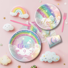 Pastel Rainbow Cloud 9 Birthday Decorations for Girls Tableware, We’Re on Cloud