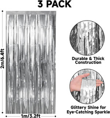 Metallic Silver Tinsel Foil Fringe Curtain, 3 Pack 3.2X6.5 Feet Party Photo Back