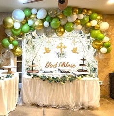 Greenery God Bless Backdrop 7x5ft Baptism Communion Banner Green Gold Decor