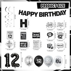 12th Birthday Decorations for Boys – Black Party Supplies, Banner, Tablecloth, C