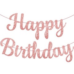 Glitter Rose Gold Cursive Happy Birthday Banner PreStrung 10 Feet | Pink Hap…
