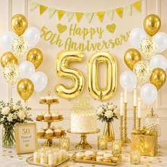 White Gold 50Th Anniversary Decor Set，Gold Glitter Happy 50Th Anniversary Banner