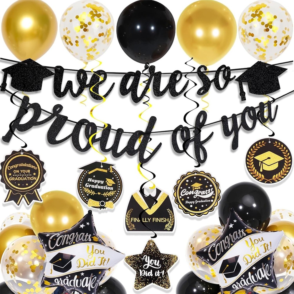 Graduation Decorations Class of 2025, Black and Gold Graduation Balloons with Gr