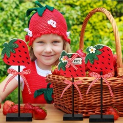 3 Pcs Strawberry Decoration Strawberry Centerpieces Wooden Standing Block Sum…