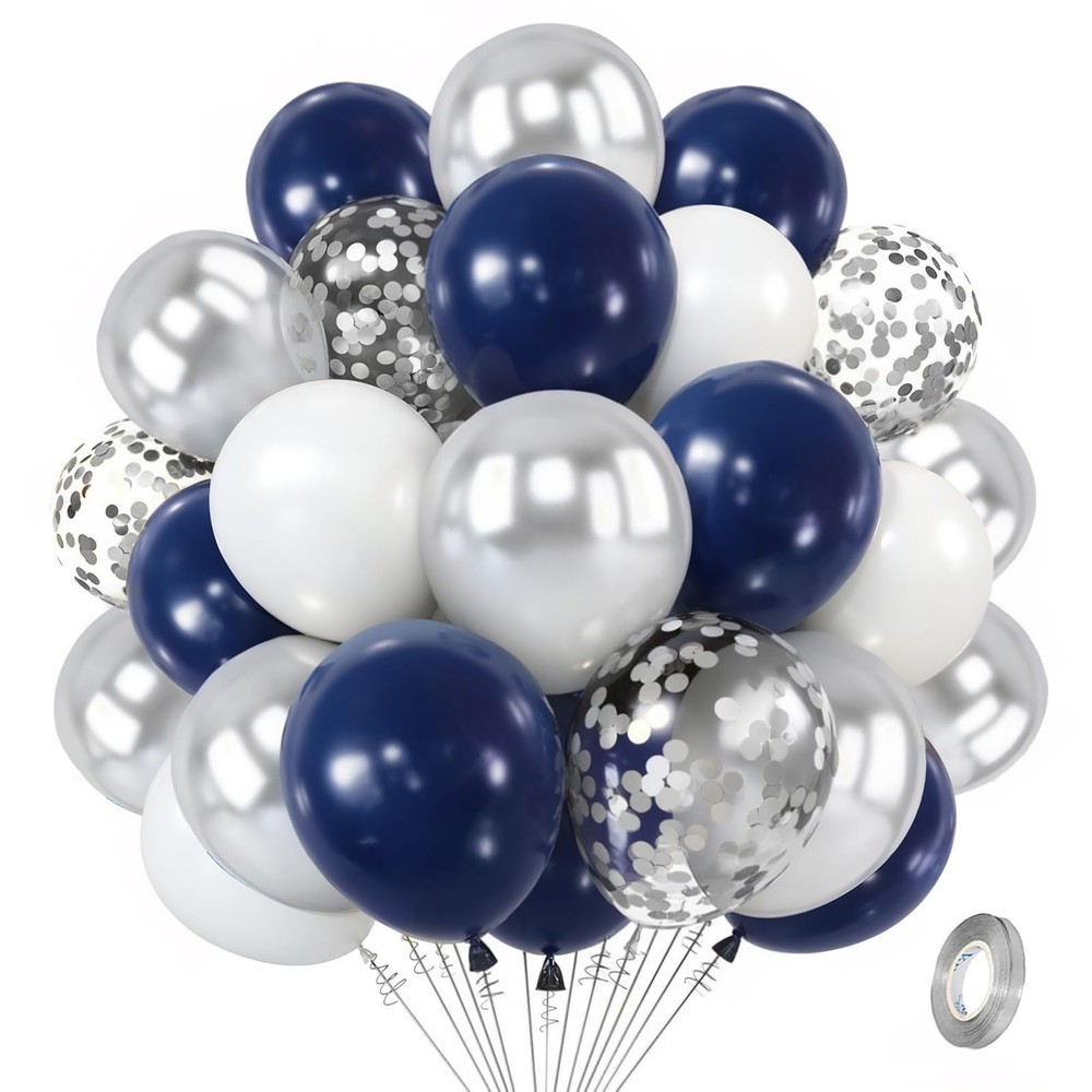 Navy Blue Silver Balloons Kit,50pcs 12inch Royal 12inch, White Sliver