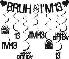 13th Birthday Decorations for Girls and Boys, Black Glitter Bruh I’M 13 Banner,
