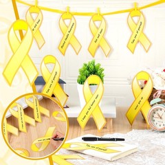 100 PCS Large Gold Ribbon Cutouts 2 Markers 100 Clips Childhood Cancer Rope