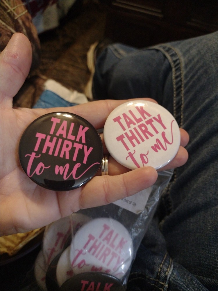 30th birthday party Favors. 5 White And 5 Black With Pink On Both Pins.
