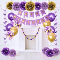 Purple Birthday Decorations for Women Girls Butterfly Hanging Garland Happy Birt