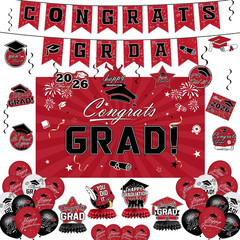 Graduation Decorations 2026 Set – Red Themed Congrats Grad Banner, Backdrop, Han