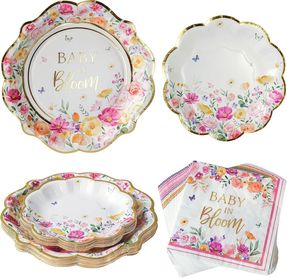 Baby In Bloom Floral Scallop Disposable Baby Shower Tableware (Plates, Napkins)