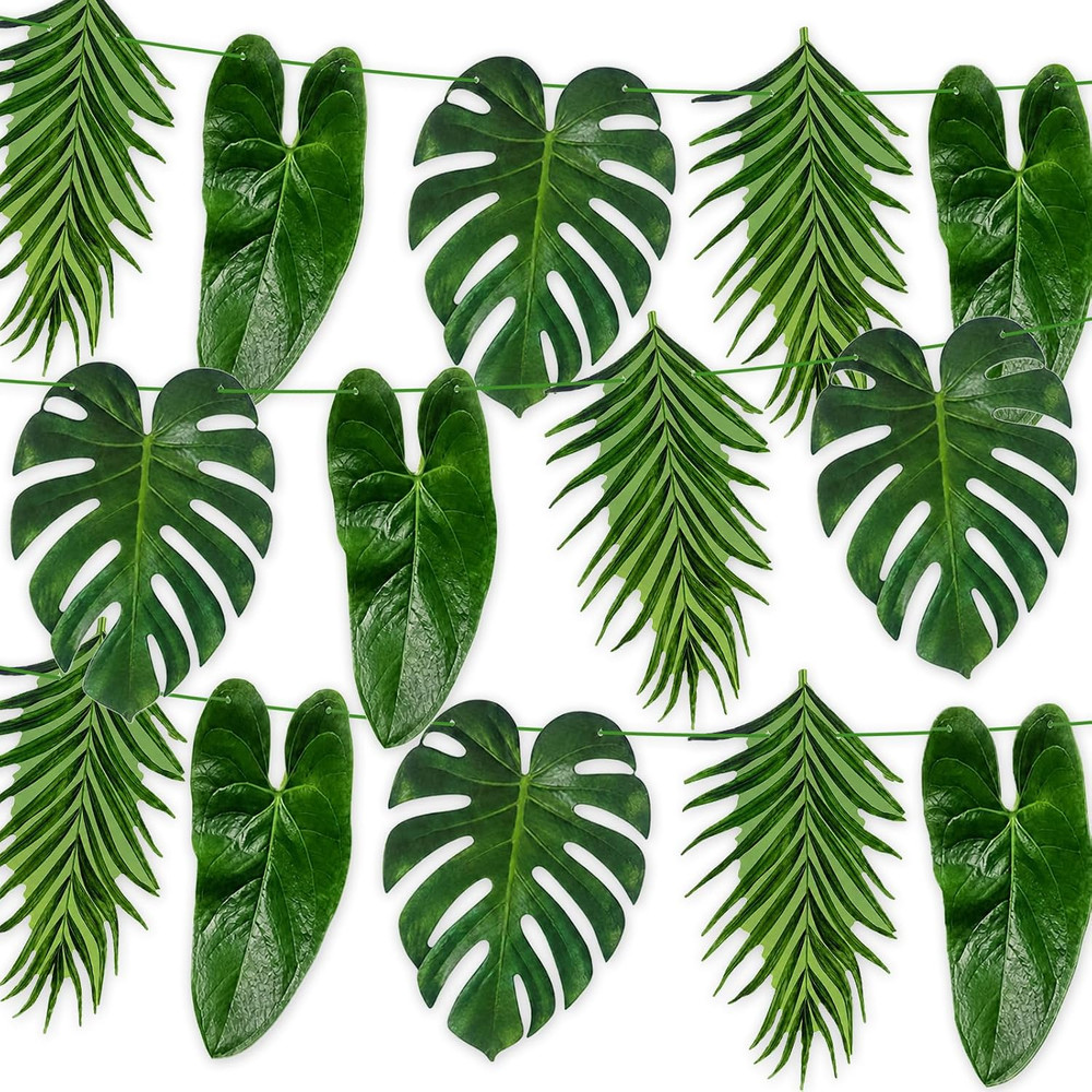 Tropical Leaf Garland Banner Decorations, Pre-Strung Cardboard Monstera Palm Lea