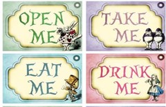 Alice in Wonderland 4 Bottle Labels Party Favor Mad Hatter Queen Of Hearts