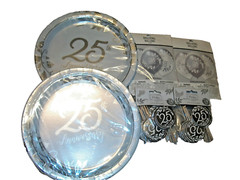 New 25th Anniversary Party Decorations Kit Silver Plates Cupcakes Picks Balloons