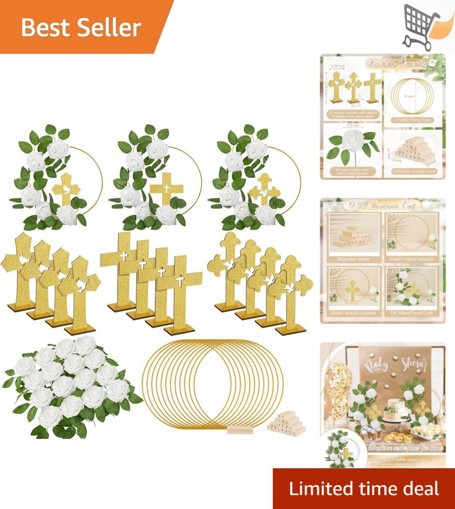 48 Pcs Baptism Centerpiece Set First Communion Decor Wooden Cross Floral Hoop